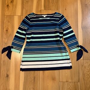 Charter Club Womens Top Ribbed Stretch Striped 3/4 Sleeve Pullover Blue